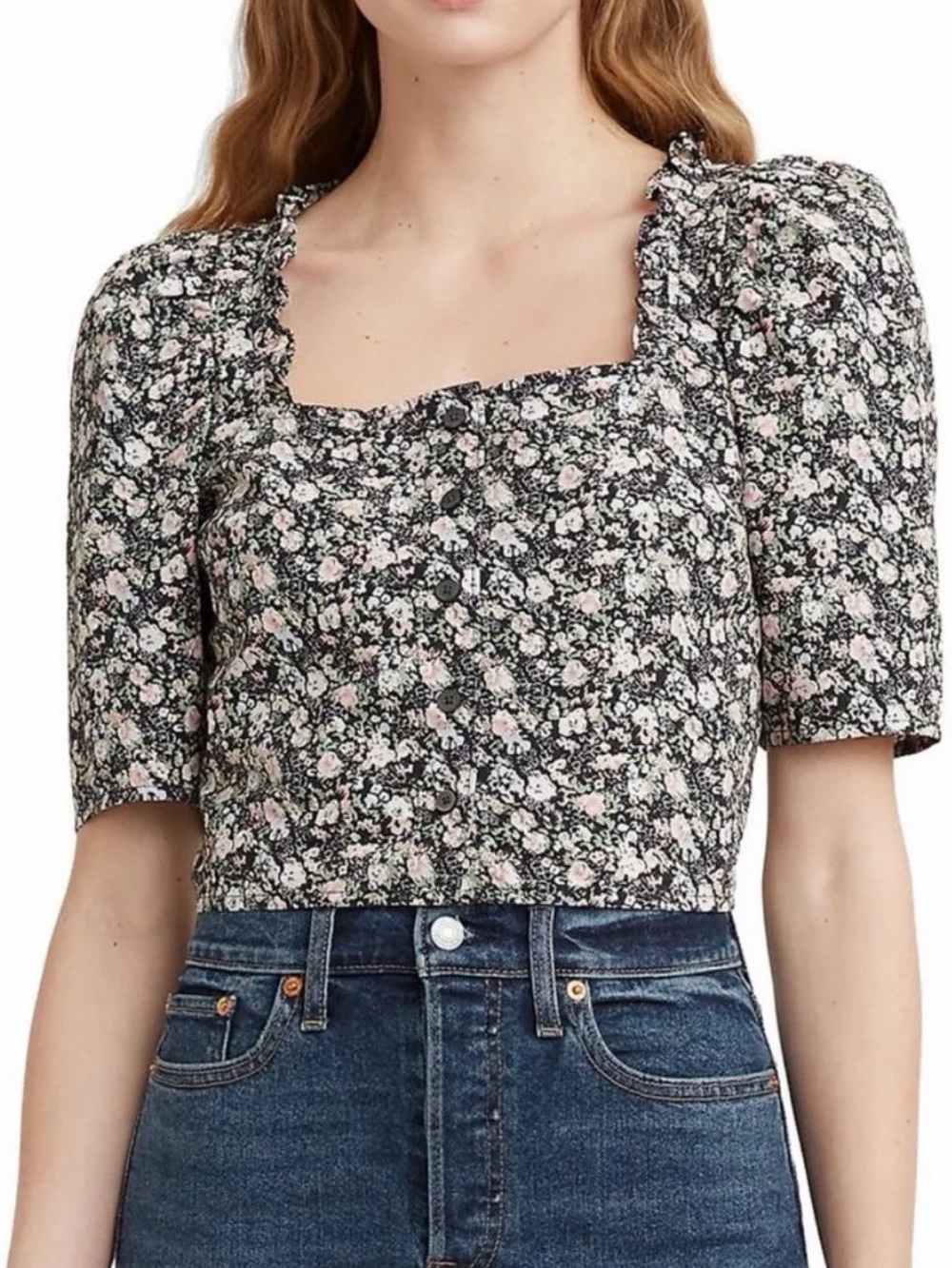 Levi’s Floral Cotton Peasant Blouse Top XL Black Pink Green